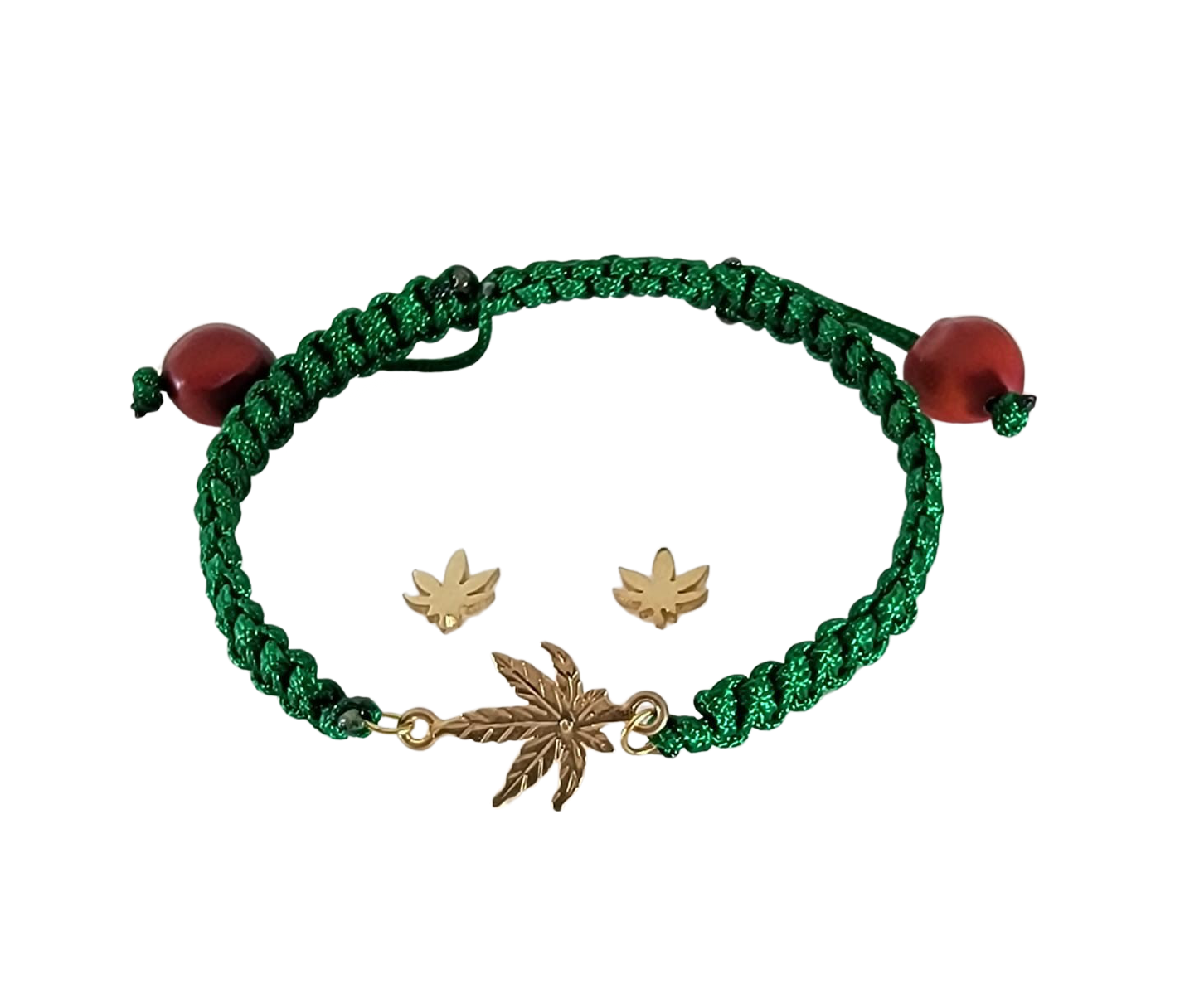 Adjustable Sterling Silver or 18Kt Gold Filled Weed Leaf Macrame Bracelet with Earrings