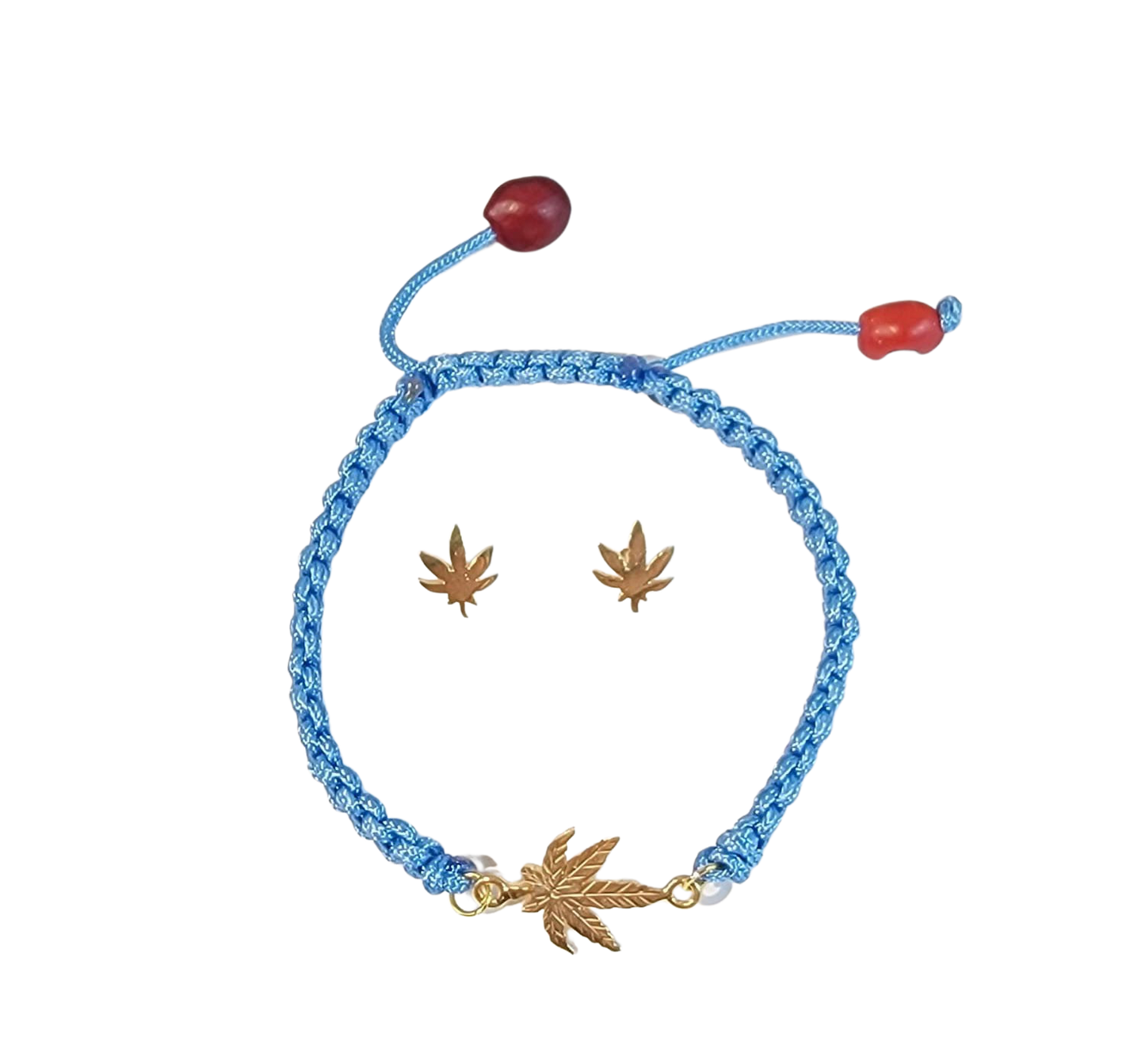 Adjustable Sterling Silver or 18Kt Gold Filled Weed Leaf Macrame Bracelet with Earrings