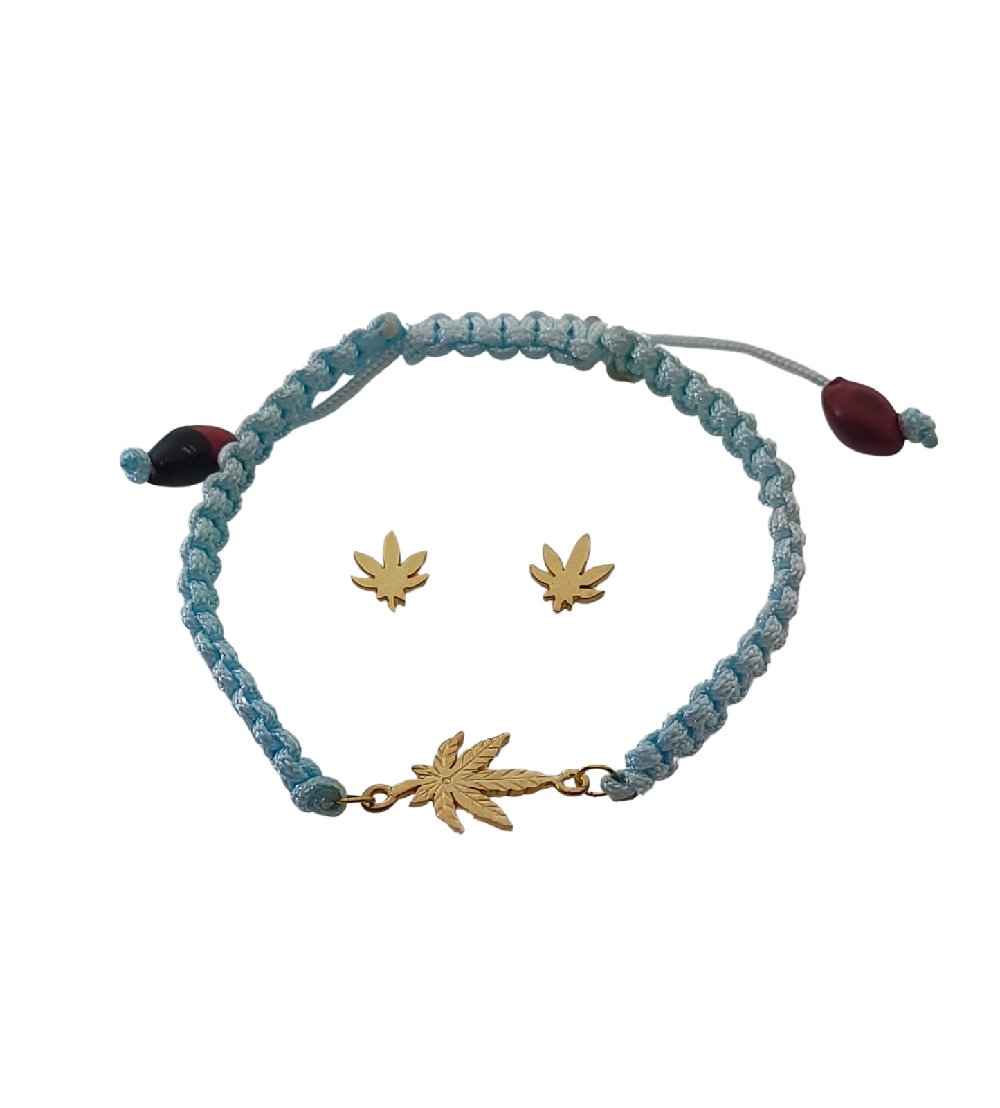 Adjustable Sterling Silver or 18Kt Gold Filled Weed Leaf Macrame Bracelet with Earrings