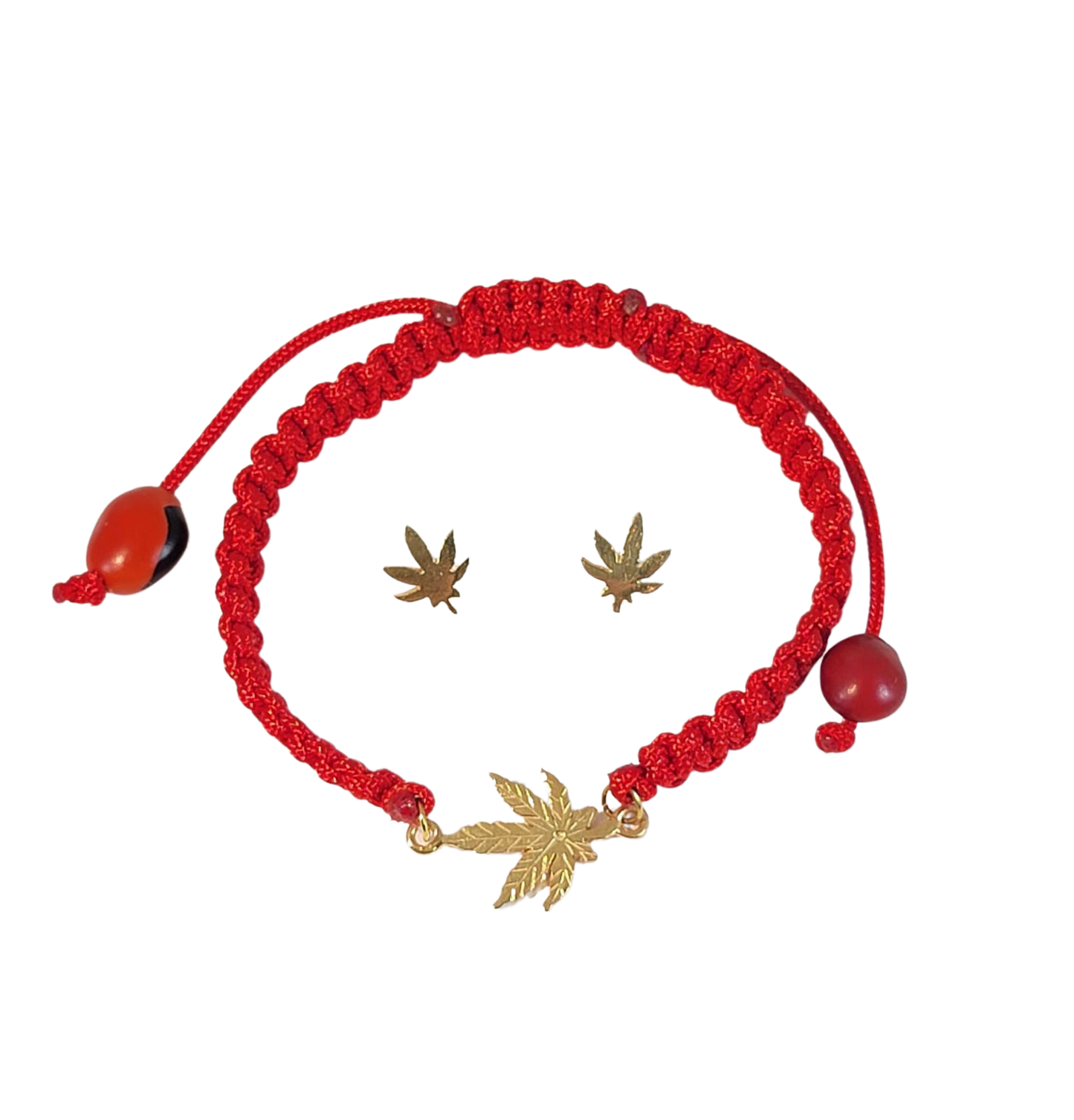 Adjustable Sterling Silver or 18Kt Gold Filled Weed Leaf Macrame Bracelet with Earrings