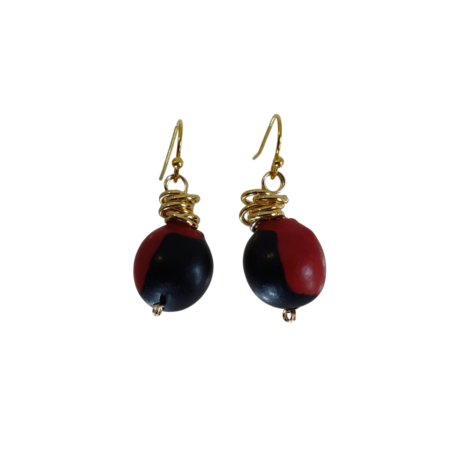 Huayruro seed sterling silver gold dangle drop earrings handmade Peruvian good luck jewelry style 1 by Evelyn Brooks