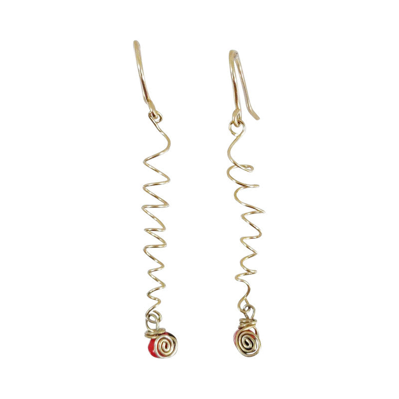 Gold Filled Dangle Long Drop Red Good Luck Earrings