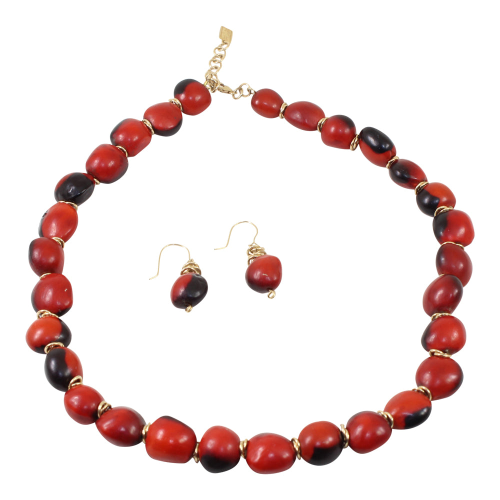 Gold Filled Adjustable Good Luck Necklace 16"-18" & Dangle Huayruro Red & Black Earrings - Peru Gift Shop