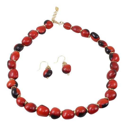 Gold Filled Adjustable Good Luck Necklace 16"-18" & Dangle Huayruro Red & Black Earrings - Peru Gift Shop