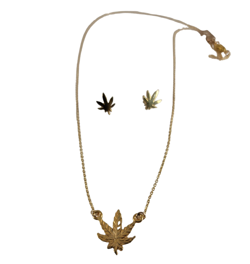 Adjustable Sterling Silver or 18Kt Gold Filled Weed Leaf Pendant Necklace 16"-18" with Earrings