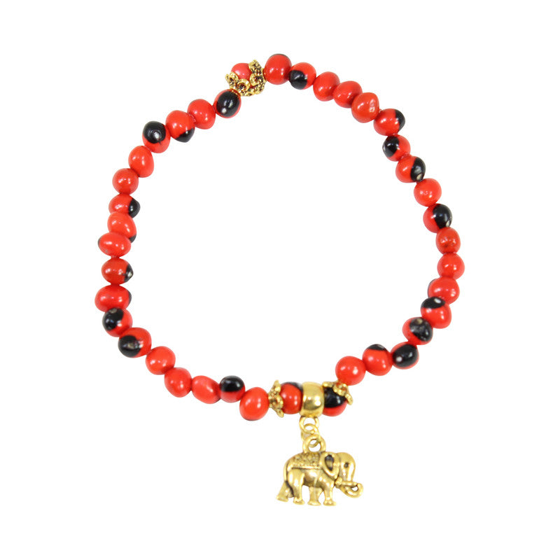 Gold Tone Stretchy Elephant, Queen Bee & Tree of Life Charm Bracelet Set w/Red & Black Seed Beads 6.5"-7.5" - Peru Gift Shop