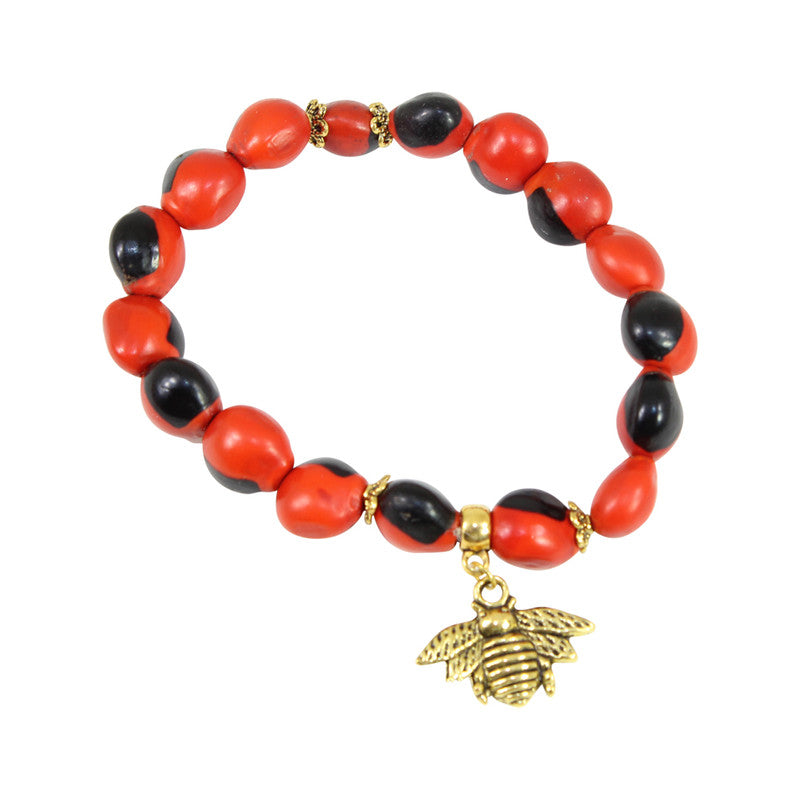 Gold Tone Stretchy Elephant, Queen Bee & Tree of Life Charm Bracelet Set w/Red & Black Seed Beads 6.5"-7.5" - Peru Gift Shop