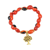 Gold Tone Stretchy Elephant, Queen Bee & Tree of Life Charm Bracelet Set w/Red & Black Seed Beads 6.5"-7.5" - Peru Gift Shop
