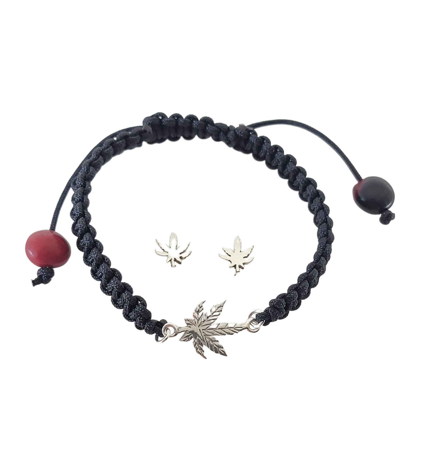 Adjustable Sterling Silver or 18Kt Gold Filled Weed Leaf Macrame Bracelet with Earrings