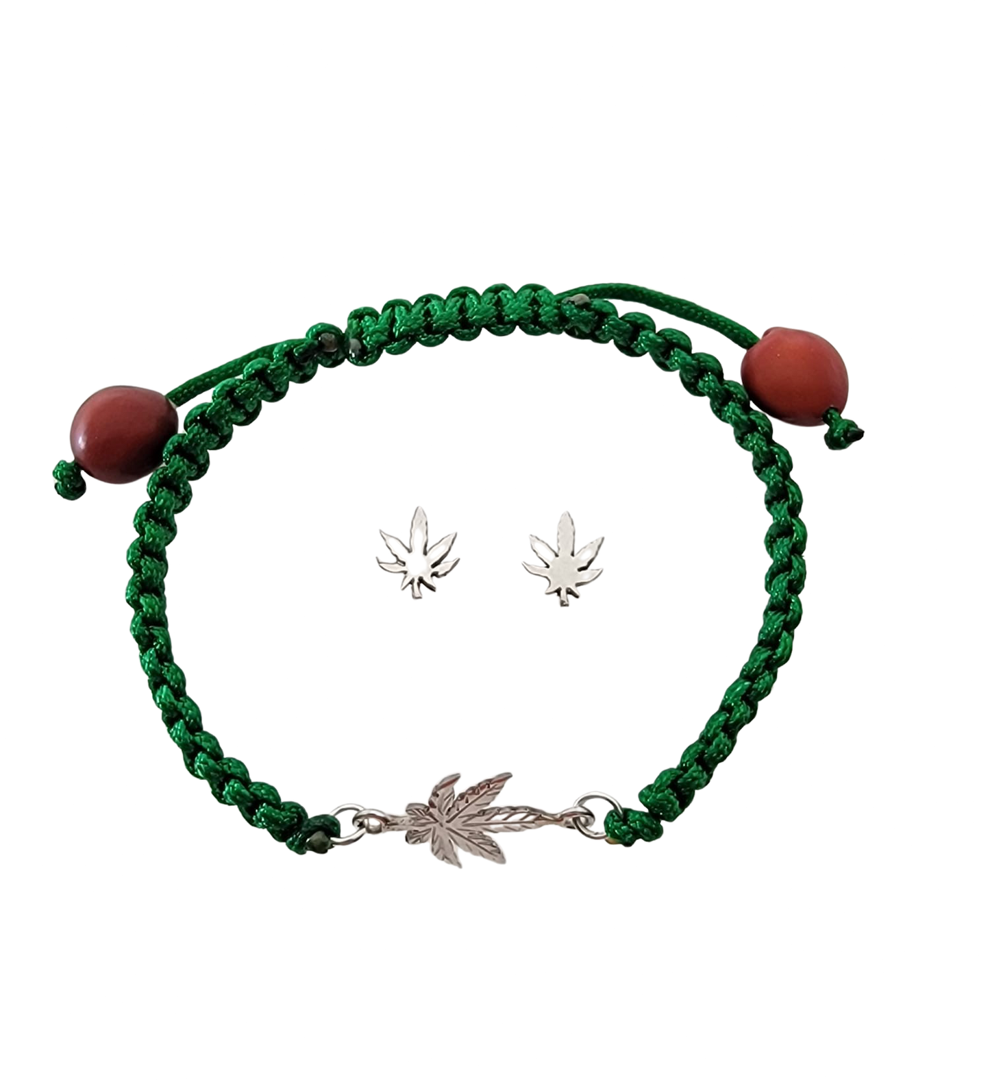 Adjustable Sterling Silver or 18Kt Gold Filled Weed Leaf Macrame Bracelet with Earrings