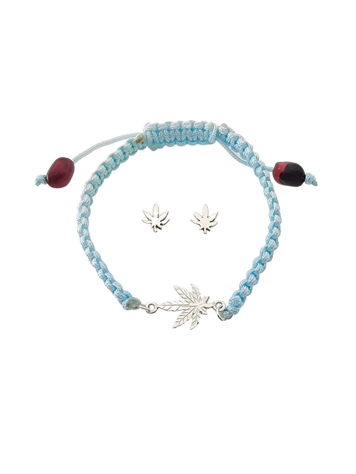 Adjustable Sterling Silver or 18Kt Gold Filled Weed Leaf Macrame Bracelet with Earrings