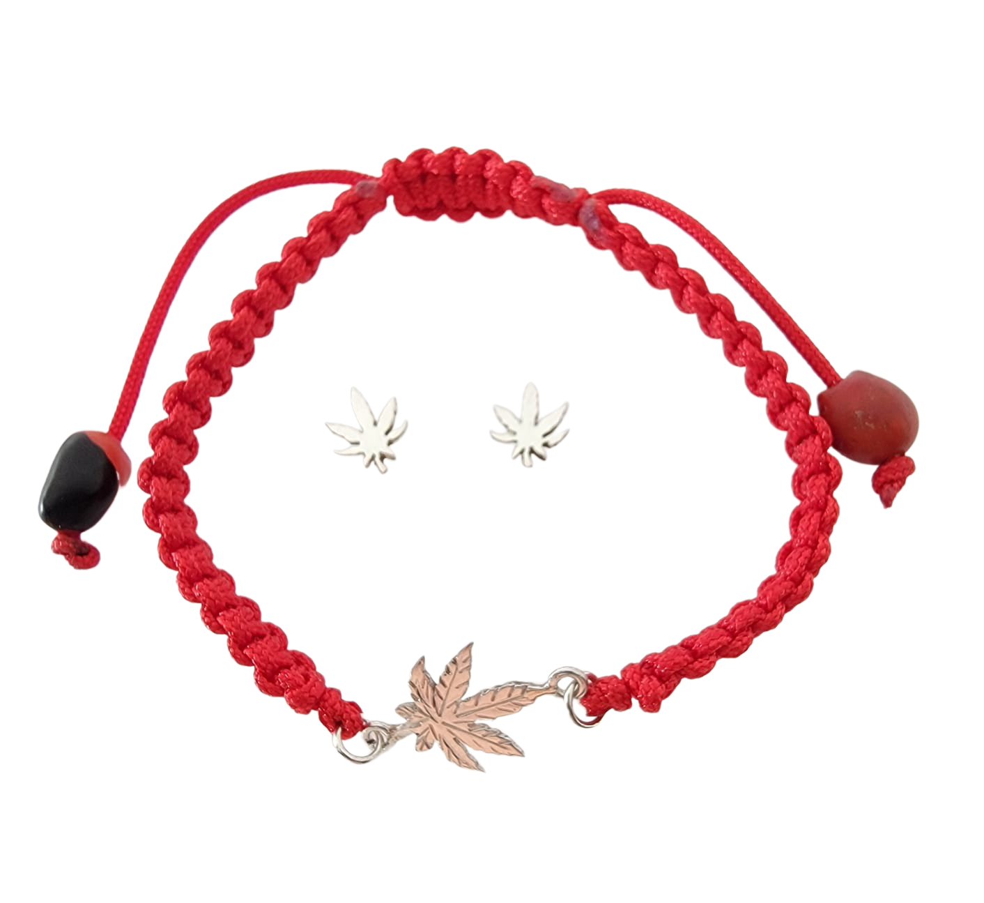 Adjustable Sterling Silver or 18Kt Gold Filled Weed Leaf Macrame Bracelet with Earrings