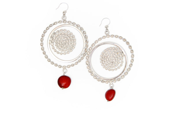 Nazca Sterling Silver Dangle Red Good Luck Earrings 2.5"