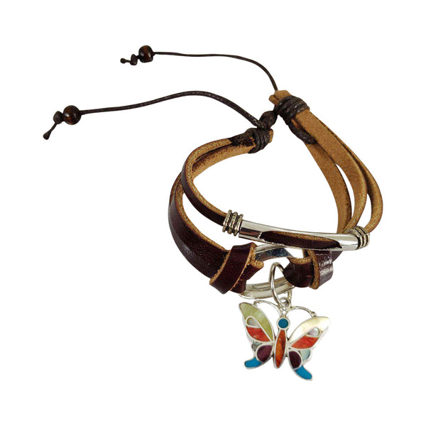 Sterling Silver "Lifefulnes Butterfly" Adjustable Leather Bracelet
