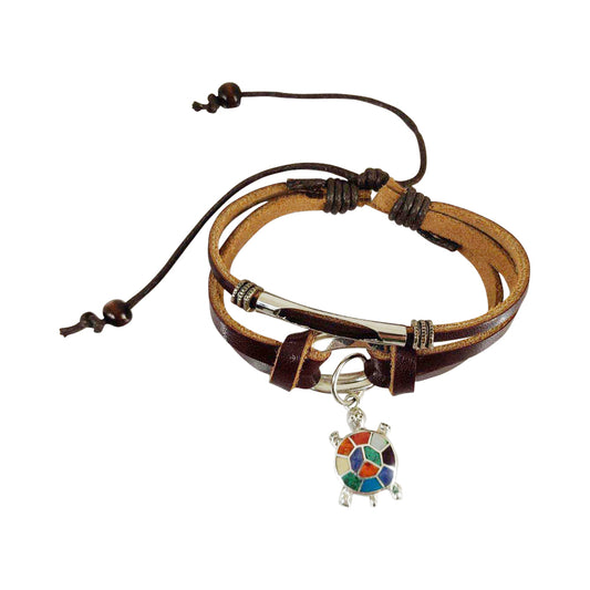 Sterling Silver "Turtle Charm" Symbol of Good Health & Long Life" Adjustable Leather Bracelet