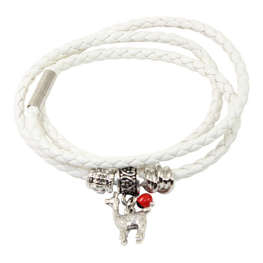 Pulsera de cuero blanco ajustable con amuleto de buena suerte 