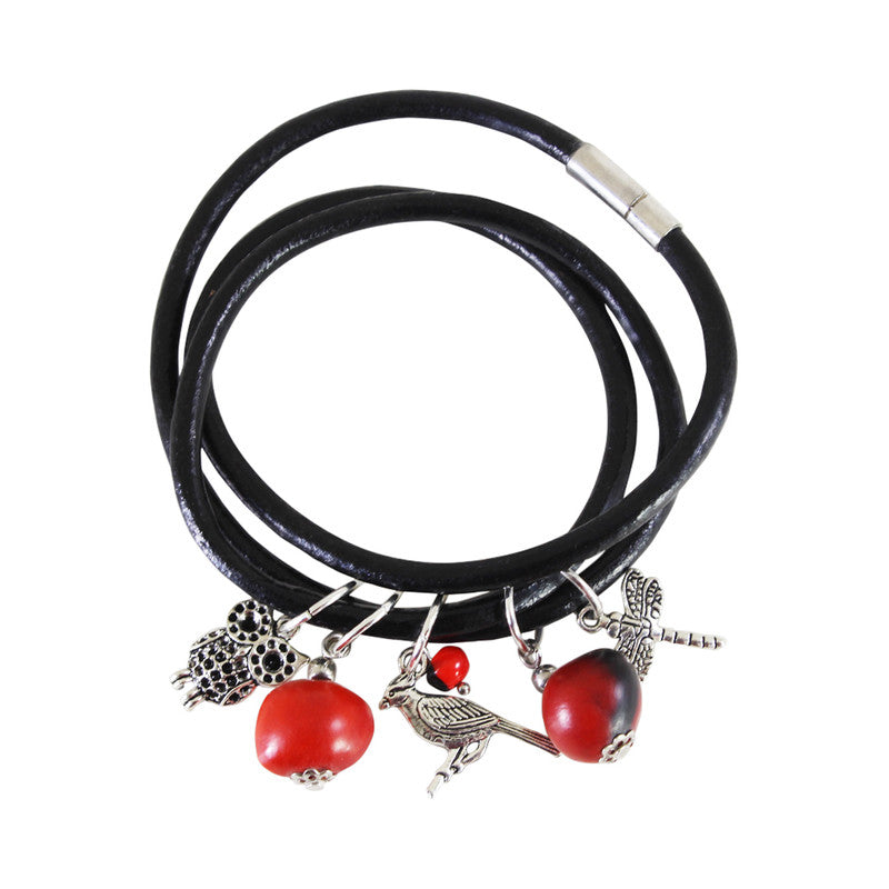 Good Luck Multi-Charm Leather Adjustable Bracelet w/Red & Black Seed Beads - Peru Gift Shop