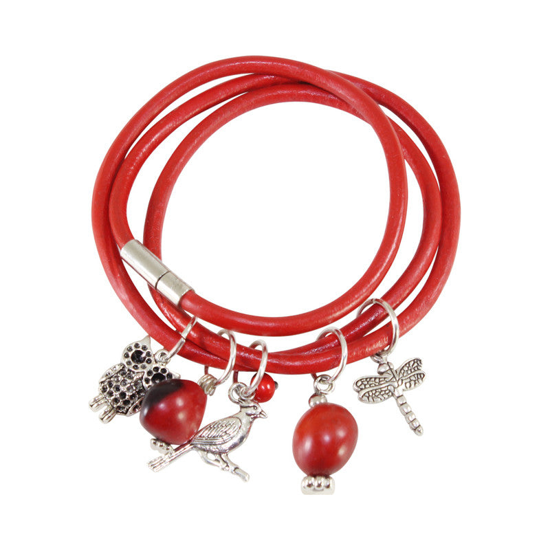 Good Luck Multi-Charm Leather Adjustable Bracelet w/Red & Black Seed Beads - Peru Gift Shop