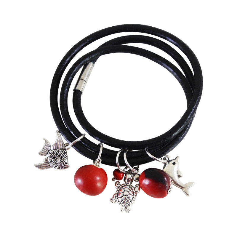 Good Luck Multi-Charm Leather Adjustable Bracelet w/Red & Black Seed Beads - Peru Gift Shop