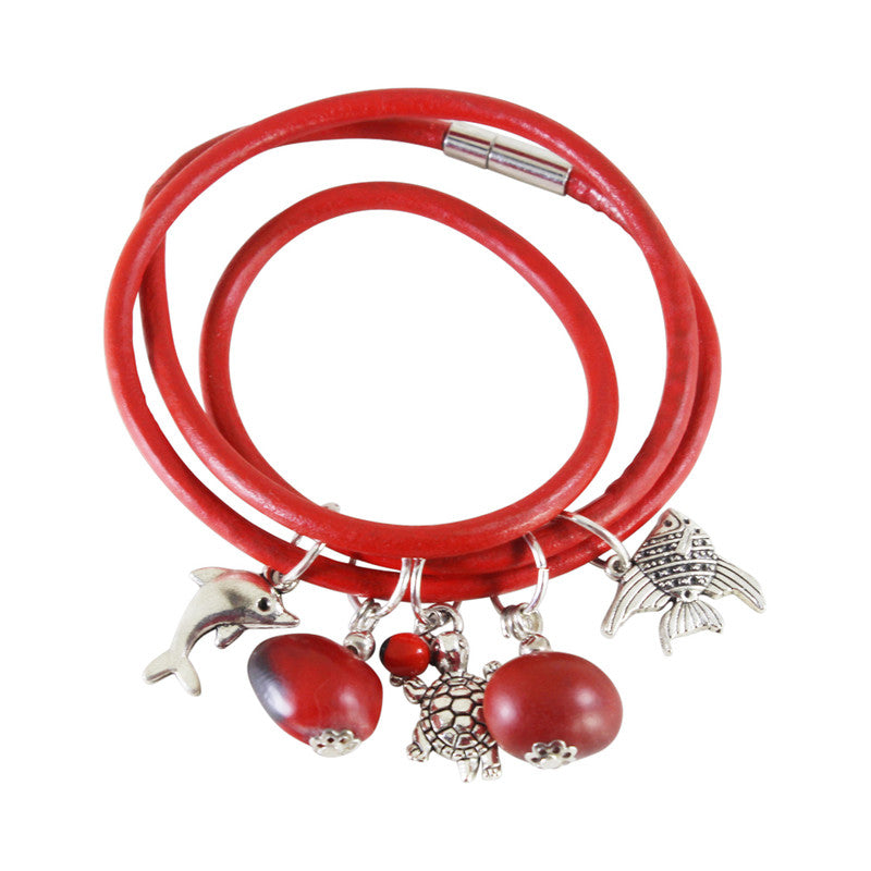 Good Luck Multi-Charm Leather Adjustable Bracelet w/Red & Black Seed Beads - Peru Gift Shop