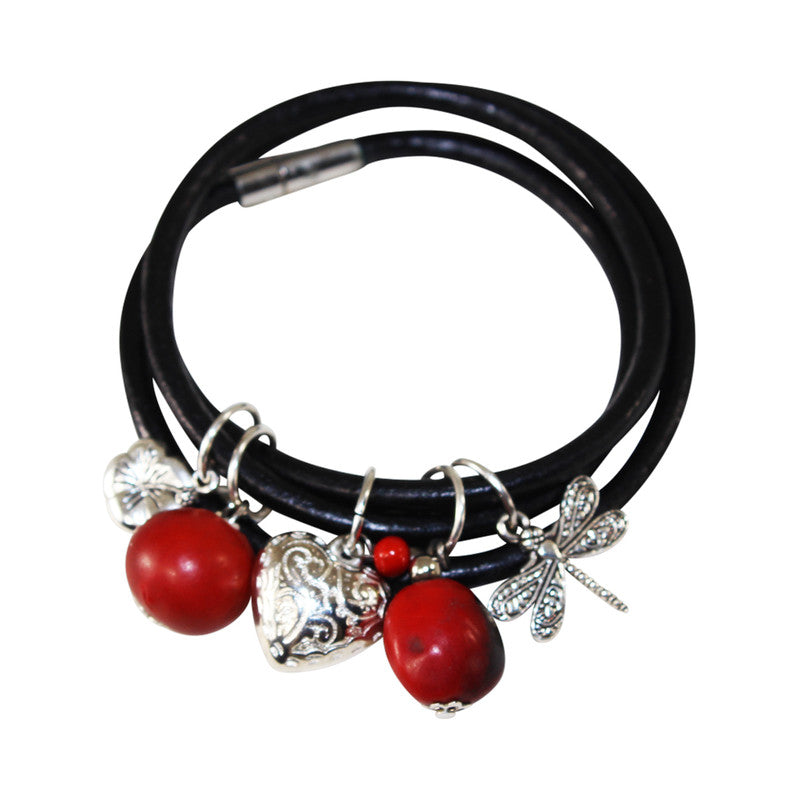 Good Luck Multi-Charm Leather Adjustable Bracelet w/Red & Black Seed Beads - Peru Gift Shop