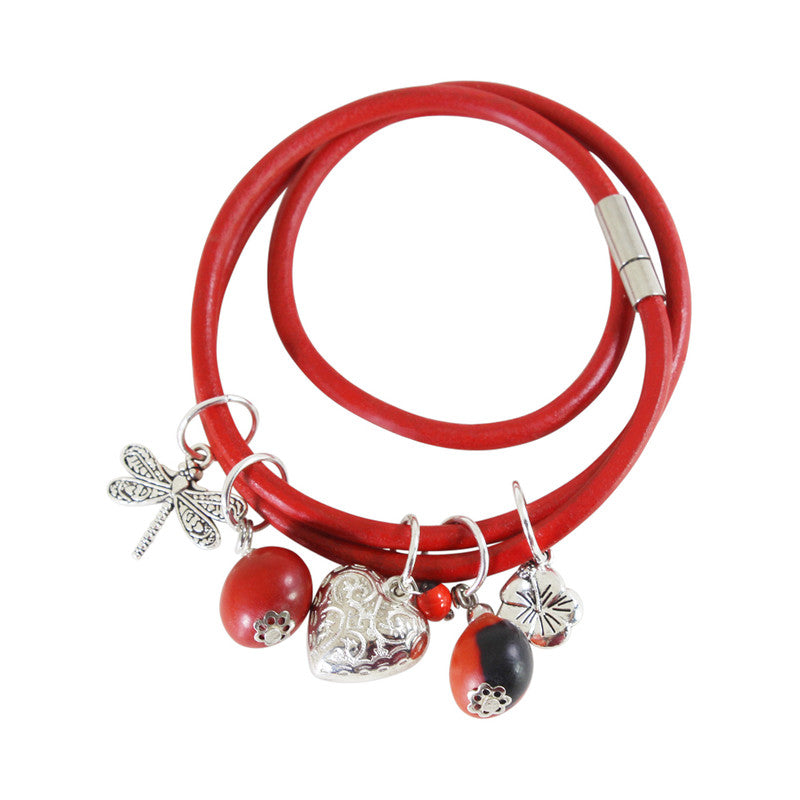 Good Luck Multi-Charm Leather Adjustable Bracelet w/Red & Black Seed Beads - Peru Gift Shop