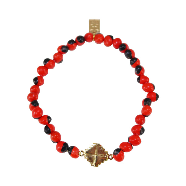 Gold Filled 18kt Chakana Inka Cross Stretchy Bracelet w/Red & Black Seed Beads 6.5"-7.5" - Peru Gift Shop