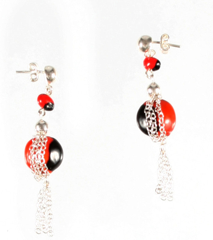 Pendientes largos de plata de ley con caída larga, color rojo y negro 