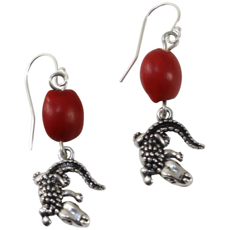 Silver Tone Dangle Drop Good Luck Earrings Red & Black Seed Beads L:1.25" - Peru Gift Shop