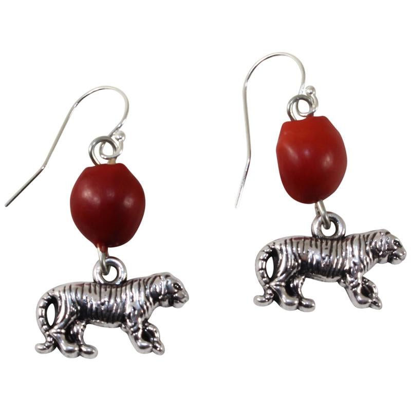 Silver Tone Dangle Drop Good Luck Earrings Red & Black Seed Beads L:1.25" - Peru Gift Shop