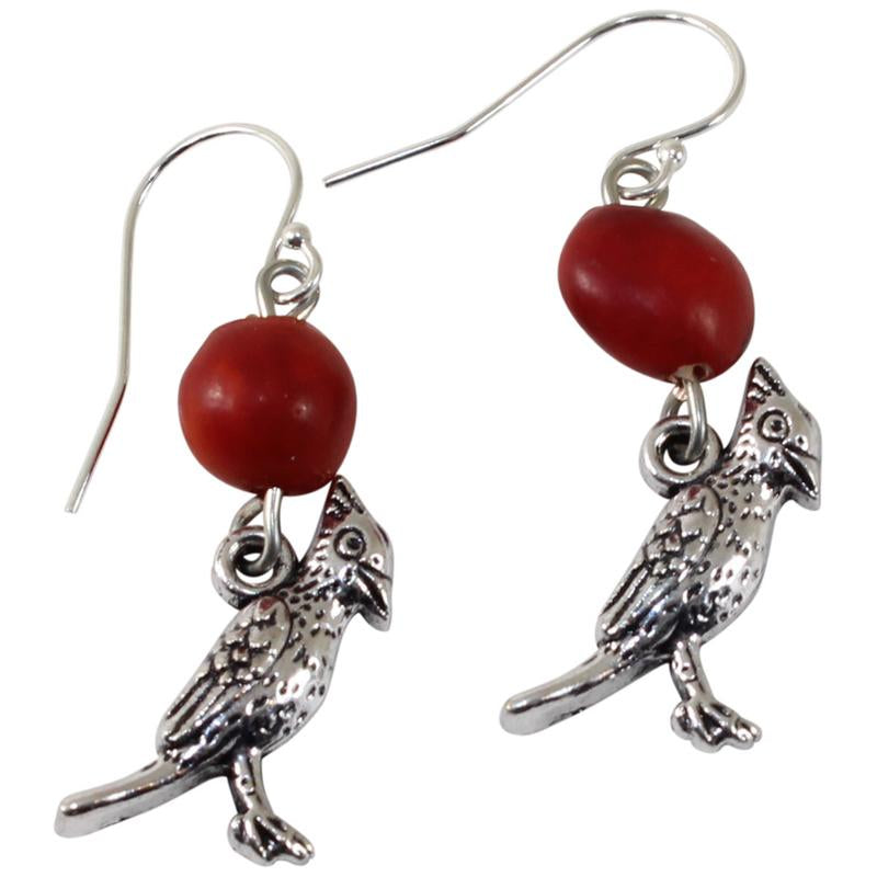 Silver Tone Dangle Drop Good Luck Earrings Red & Black Seed Beads L:1.25" - Peru Gift Shop