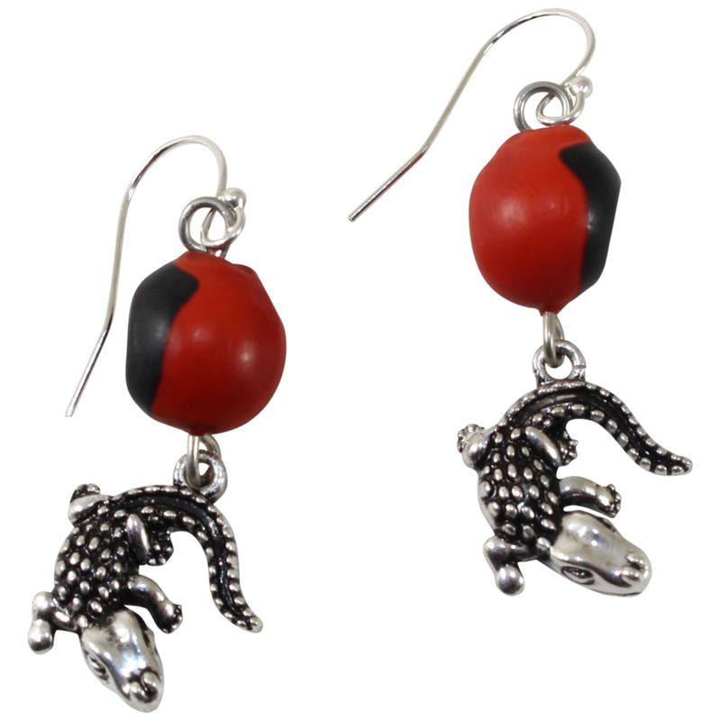 Silver Tone Dangle Drop Good Luck Earrings Red & Black Seed Beads 1.25" - Peru Gift Shop