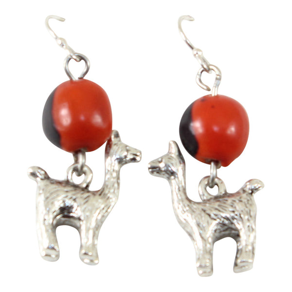 Silver Tone Dangle Drop Good Luck Earrings Red & Black Seed Beads 1.25" - Peru Gift Shop