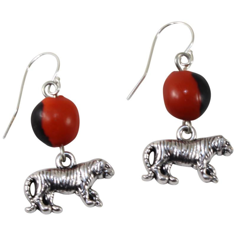 Silver Tone Dangle Drop Good Luck Earrings Red & Black Seed Beads 1.25" - Peru Gift Shop