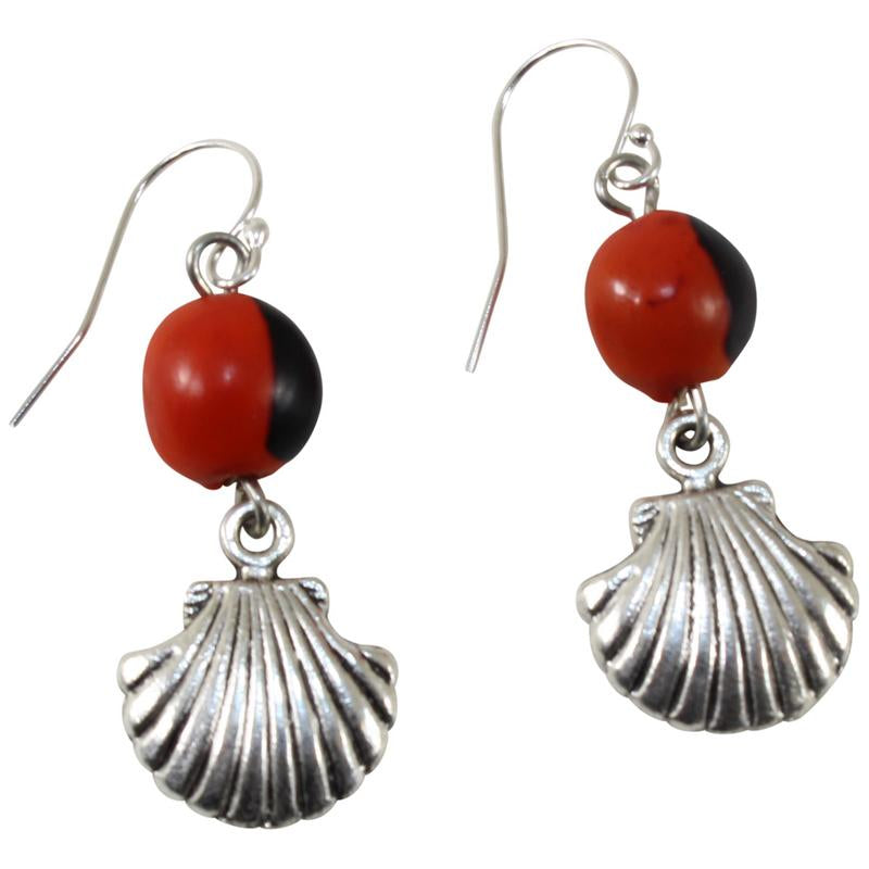 Silver Tone Dangle Drop Good Luck Earrings Red & Black Seed Beads 1.25" - Peru Gift Shop