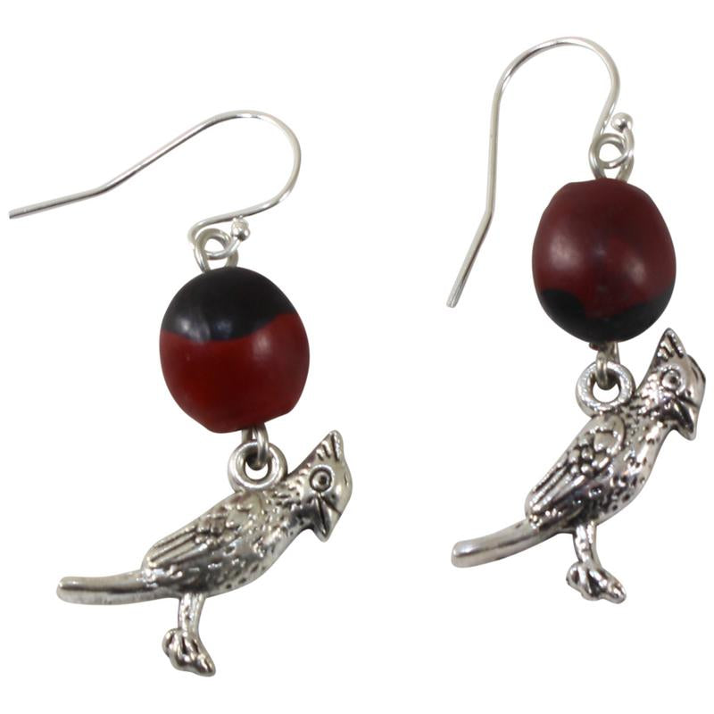 Silver Tone Dangle Drop Good Luck Earrings Red & Black Seed Beads 1.25" - Peru Gift Shop