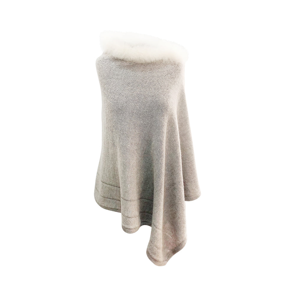 Baby Alpaca - Knit Poncho Cape with Fur Neck - One Size Fits All