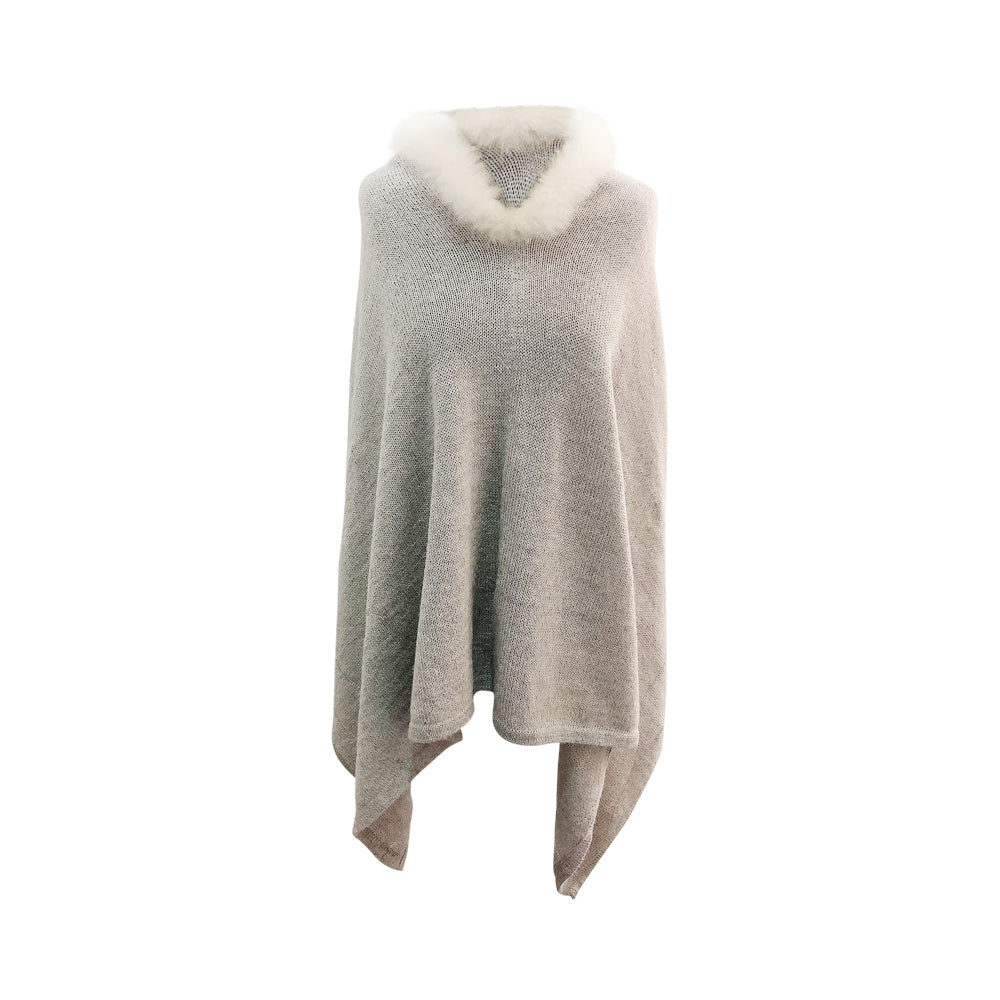 Baby Alpaca - Capa Poncho de Punto con Cuello de Piel - Talla Única