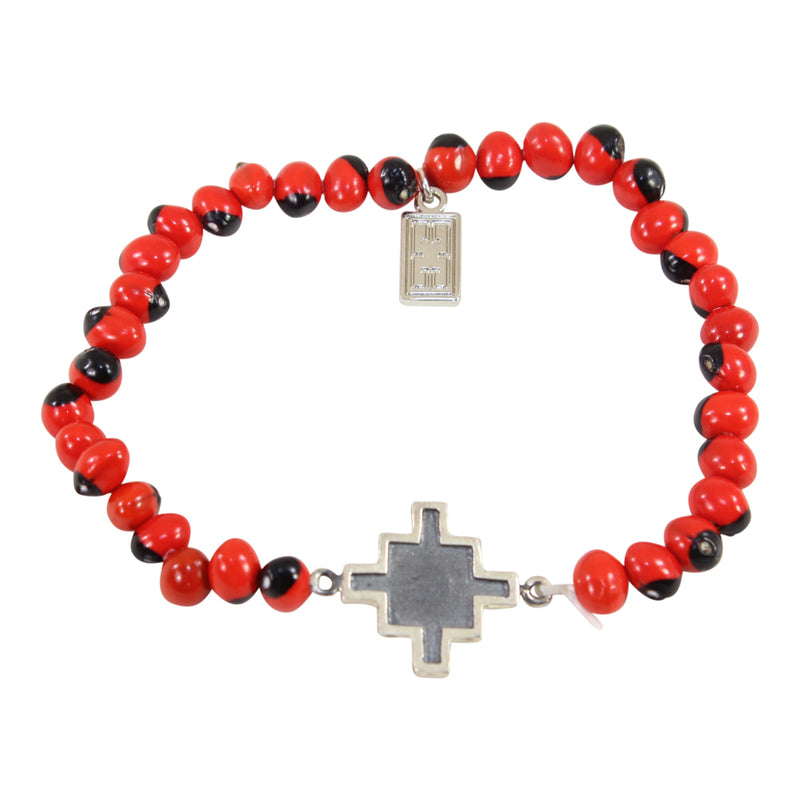 Sterling Silver Chakana Inka Cross Stretchy Bracelet w/Red & Black Seed Beads 6.5"-7.5"