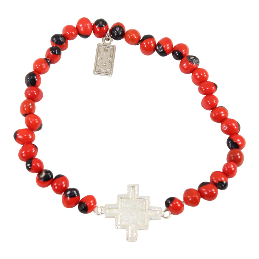 Pulsera elástica con cruz Chakana Inka de plata de ley con cuentas de semillas rojas y negras de 6,5 a 7,5 pulgadas 