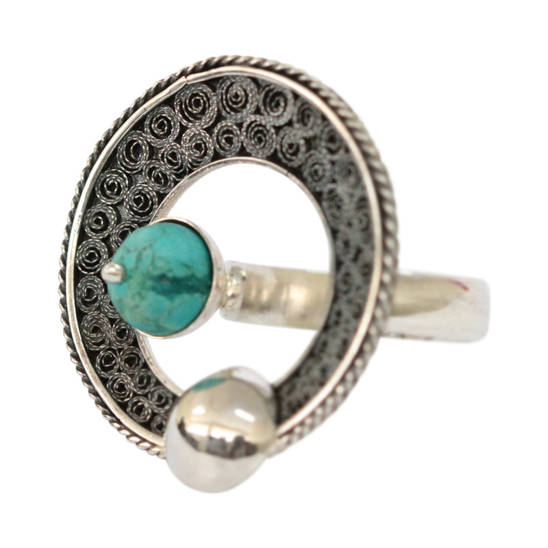 Sterling Silver Filigree Peruvian Turquoise Moon Ring