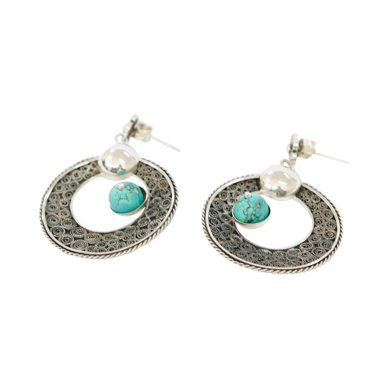 Sterling Silver Filigree Peruvian Turquoise Moon Earrings