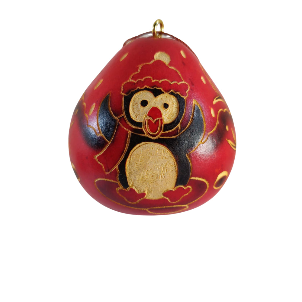 Handmade penguin Peruvian gourd Christmas ornament single artisan carved by Kuntur Designs