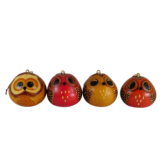Handmade single owl Peruvian gourd Christmas ornament artisan carved by Kuntur Designs