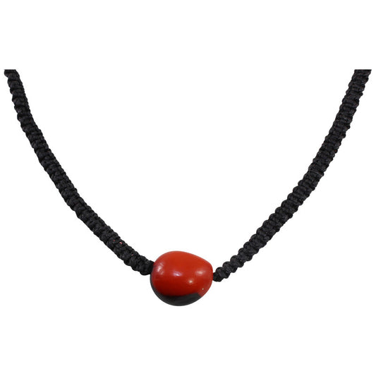 Collar de buena suerte unisex de macramé ajustable con una sola semilla, rojo y negro