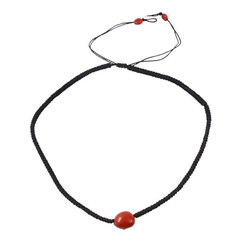 Collar de buena suerte unisex de macramé ajustable con una sola semilla, rojo y negro