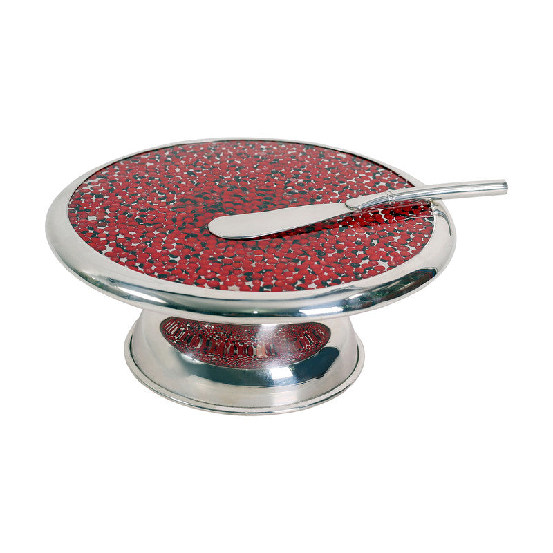 Medium Luxury Cheese  Platter Silver Plated Board w/Peruvian  Huayruro Seed Beads Incl. Spread Knife - Peru Gift Shop