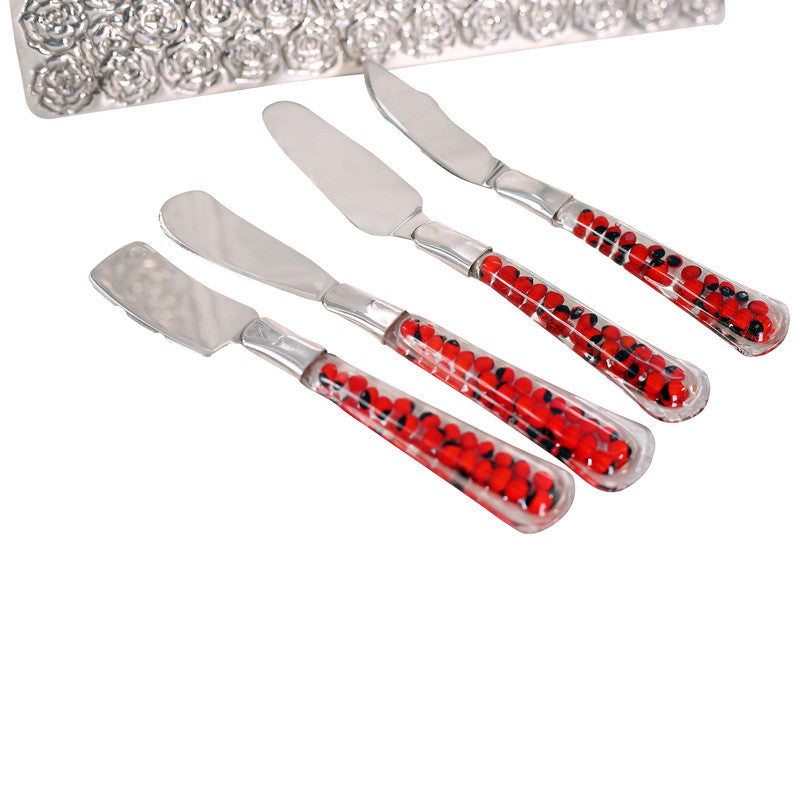 Handmade Luxury Cheese Slicer Cutter Silver Plated with Peruvian Huayruro Seed Beads - Set of 4