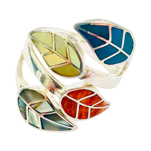 Sterling Silver Adjustable "Colorful Leaves" Natural Stone Ring