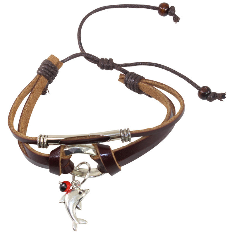 Pulsera de cuero ajustable con amuleto de buena suerte 